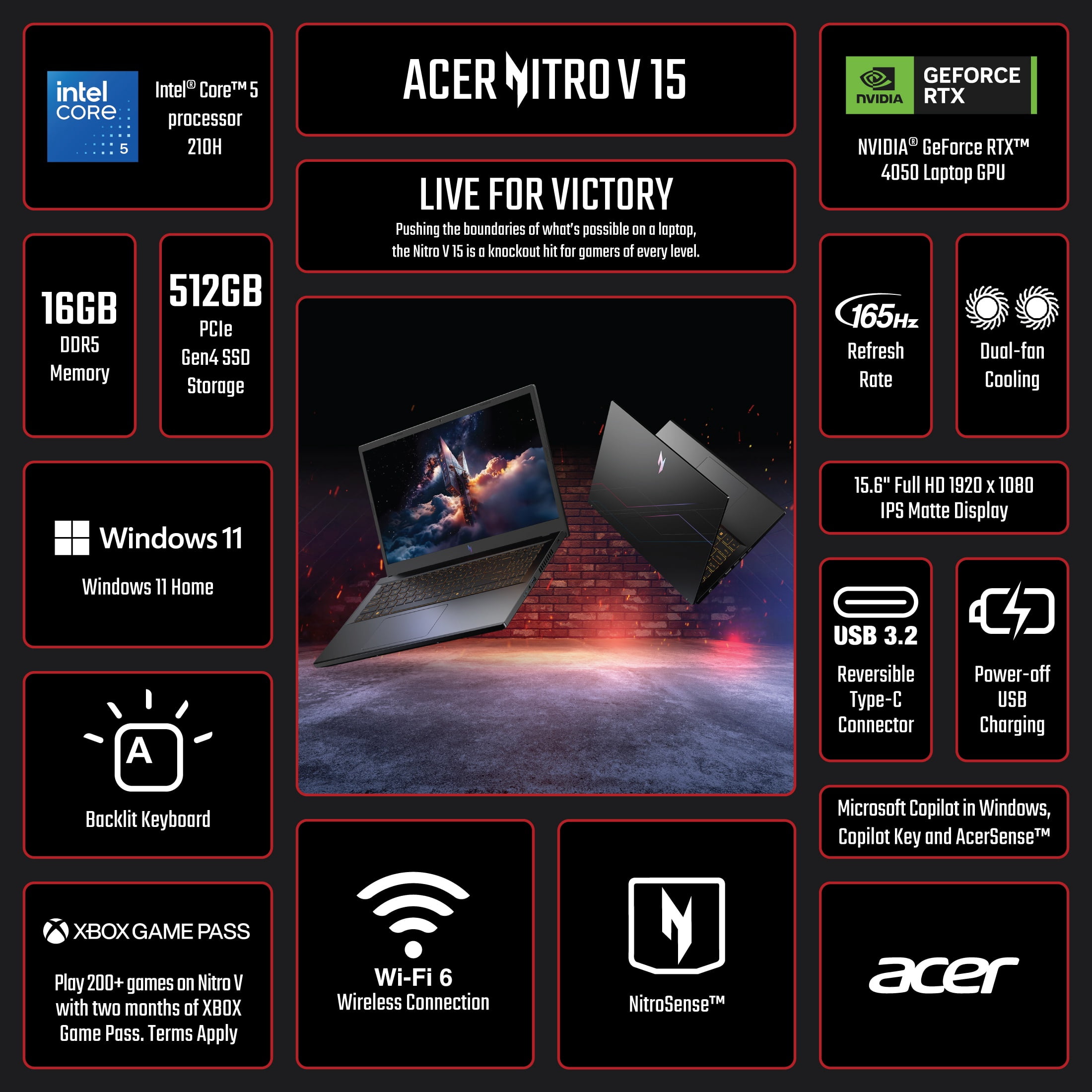 Acer Nitro V 15.6” FHD IPS 165Hz Gaming Laptop, Intel Core 5 Processor 210H, NVIDIA GeForce RTX 4050 with 6GB GDDR6 VRAM, 16GB RAM, 512GB PCIe Gen 4 SSD, Obsidian Black