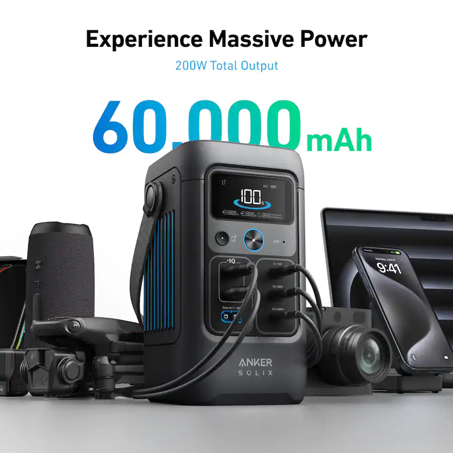 Anker - SOLIX C200X DC Portable Power Station 192Wh(60,000mAh)/200W Power Bank Station for Outdoor Camping Traveling&Emergencies (192 Wh Capacity) - Black