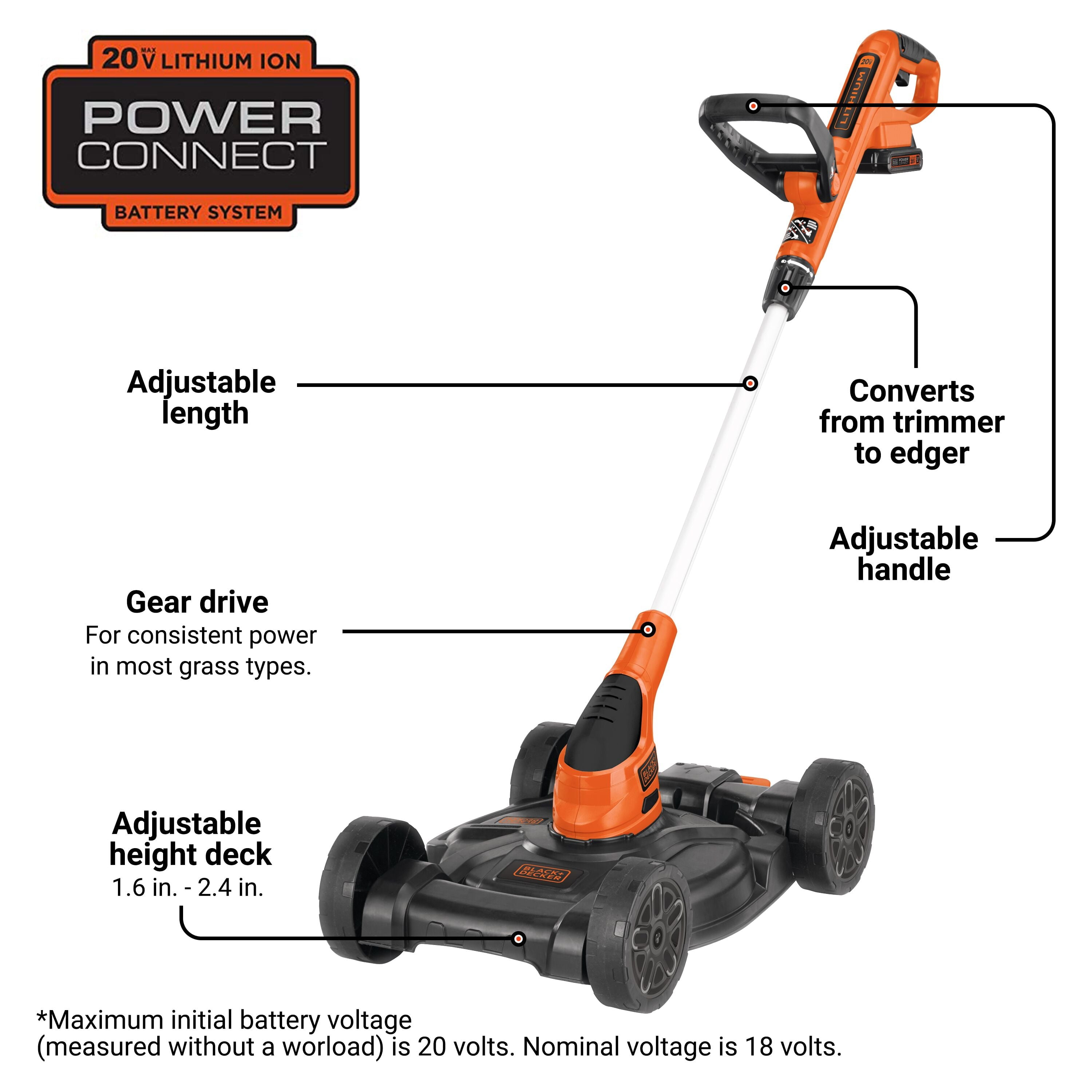 BLACK+DECKER 20V MAX Cordless 12-Inch 3-in-1 Trimmer, Edger and Mower with Two 2.0Ah Lithium-Ion Batteries (MTC220)