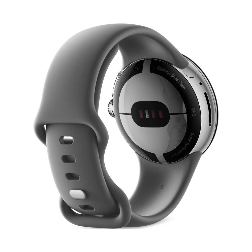 Google Pixel Watch Wear OS Smartwatch with Fitbit Tracking, Polished Silver Stainless Steel Case, Charcoal Active Band