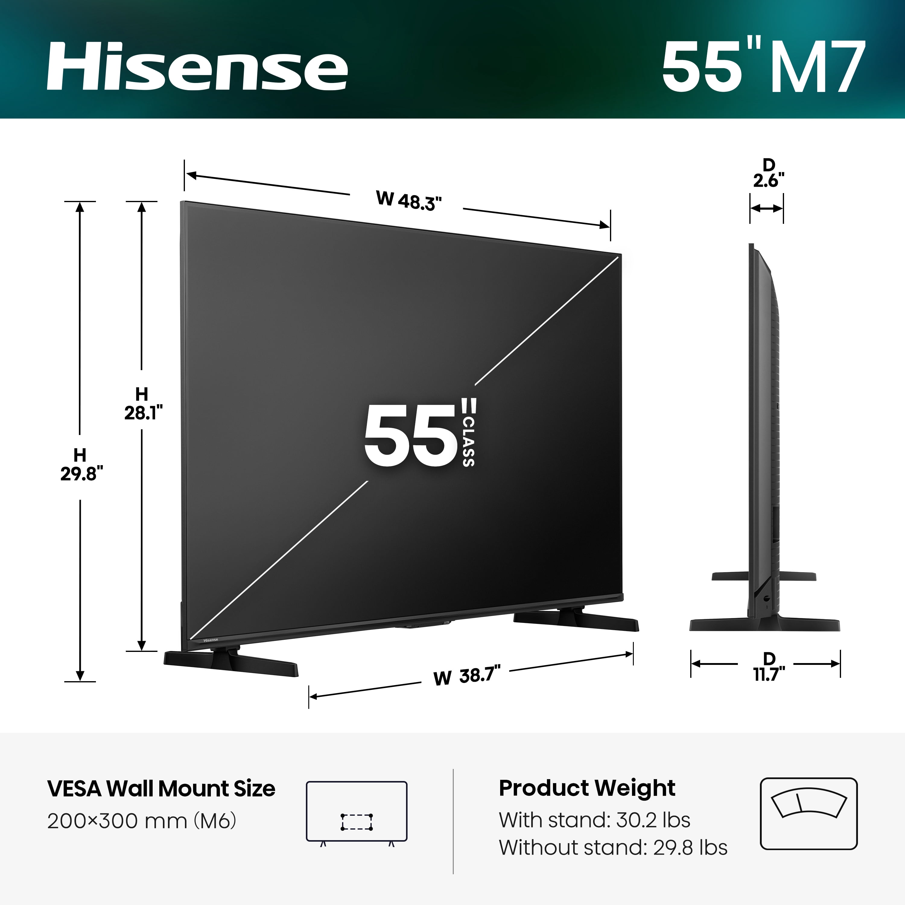 Hisense 55" M7 Mini-LED QLED 4K UHD Google Smart TV (55M7SG, 2026 Model) - Hi - QLED, MiniLED, Full Array Local Dimming, Dolby Vision, HDR10+, Built-in Subwoofer, Game Mode Pro, Google Assistant