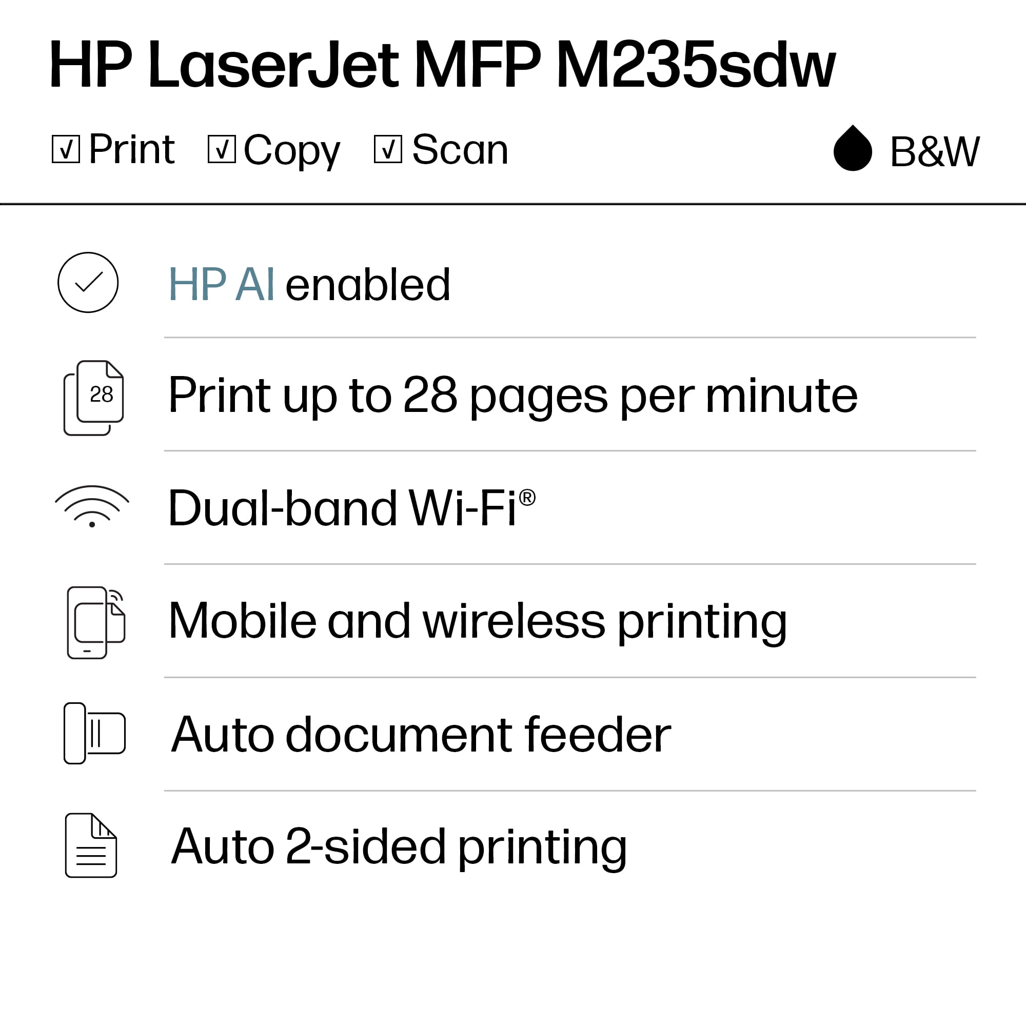 HP LaserJet MFP M235sdw Wireless Black-and-White Laser Printer with Print, Copy, Scan, Duplex Printing and Auto Document Feeder