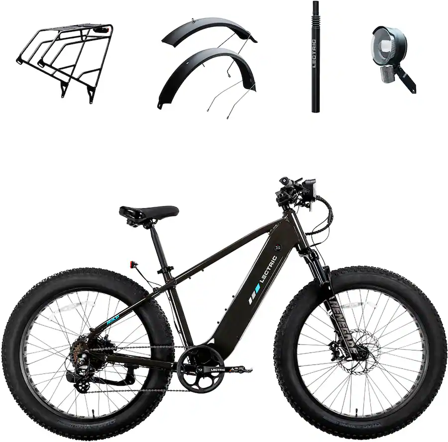 Lectric eBikes - XPeak2 High-Step Long-Range eBike (Max 80mi/28mph) + Rear Rack/Fenders/Elite Headlight/Suspension Seat Post - Tempest Grey