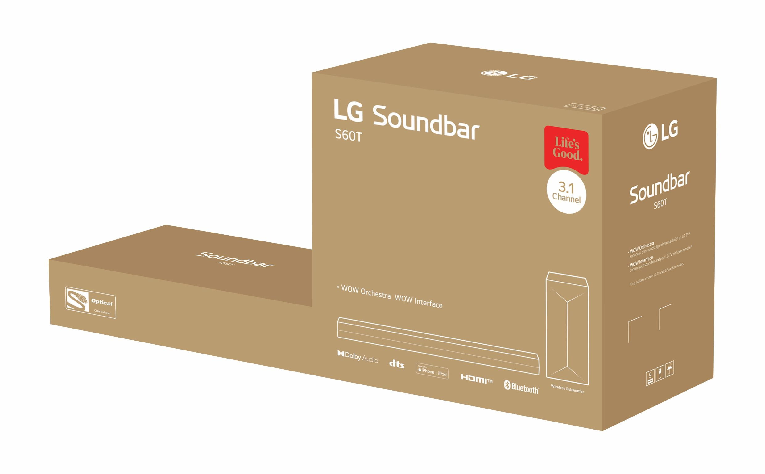 LG S60T 3.1 Channel Bluetooth Sound Bar with Wireless Subwoofer, Dolby Audio, LG AI Sound Pro and HDMI ARC, Black