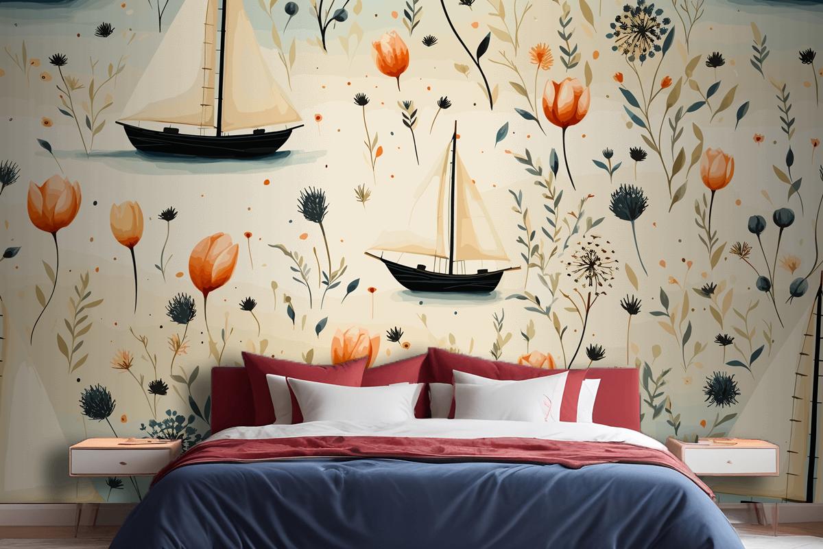 Sea Animals A Lighthouse And A Boat With Shells Starfish Bedroom Wallpaper Mural