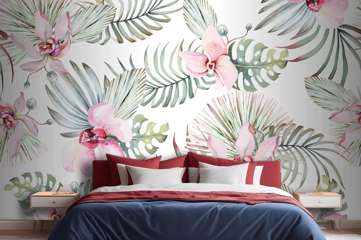 Seamless Pattern Of Tropical Plant Orchid And Flower For Fabric Bedroom Wallpaper Mural