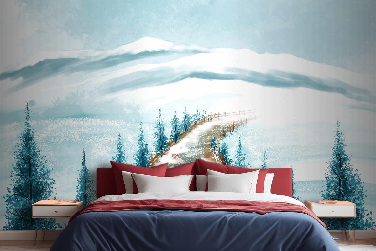 Winter Landscape With Snowy Christmas Tree Card Bedroom Wallpaper Mural