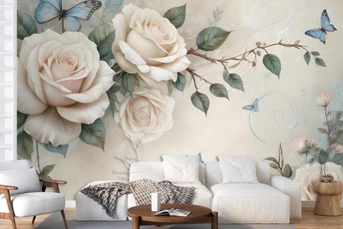 3D Look Cream Rose Floral Wallpaper Mural