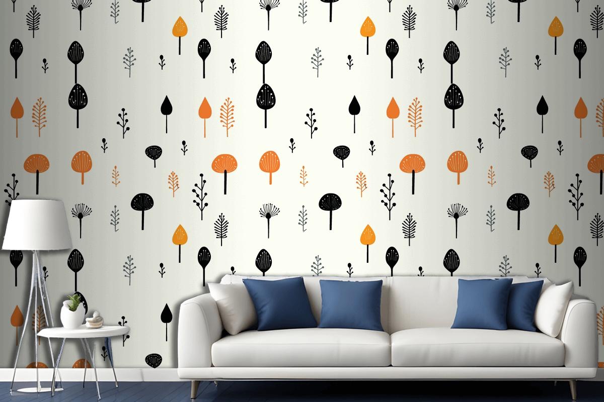 Black Mushroom And Leaf Pattern On A White Living Room Wallpaper Mural