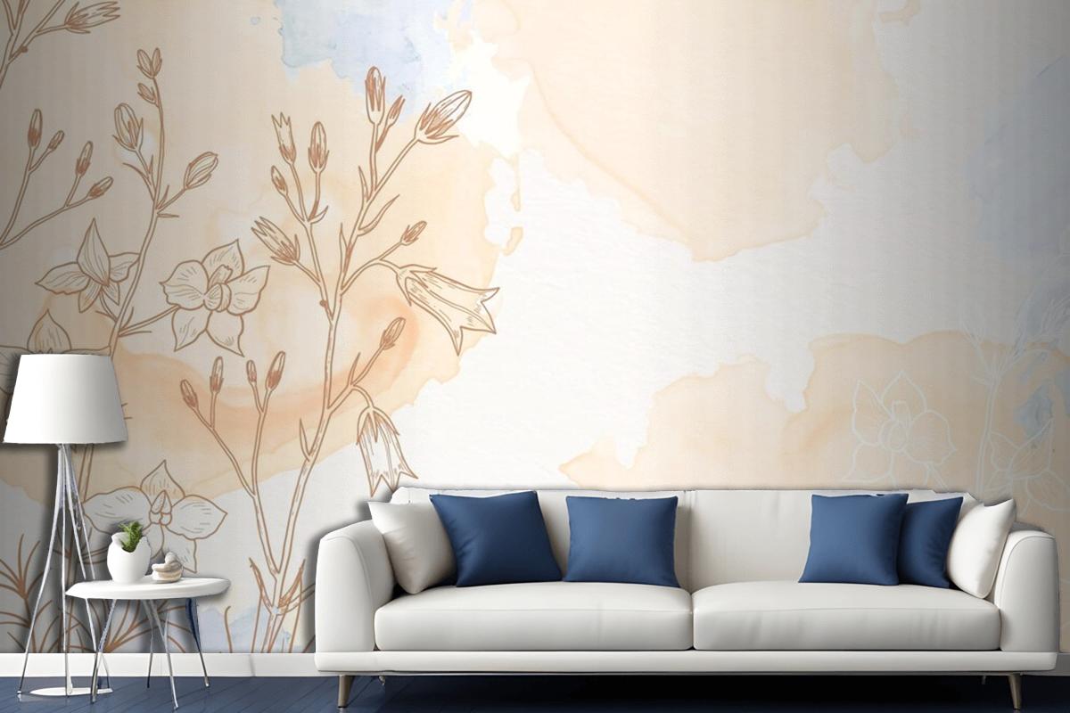 Cream Powder Pastel With Hand Drawn Flowers Living Room Wallpaper Mural