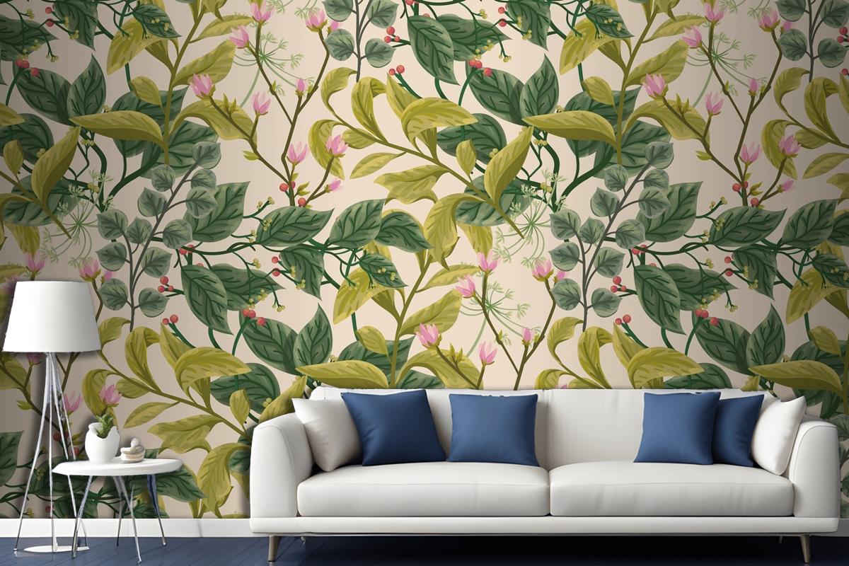 Flower And Leaves Background Living Room Wallpaper Mural