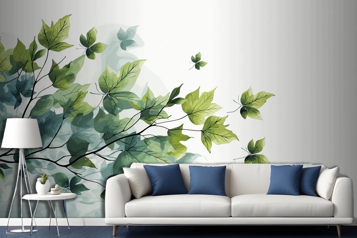 Fresh Baby Spinach Leaves On White Marble Living Room Wallpaper Mural