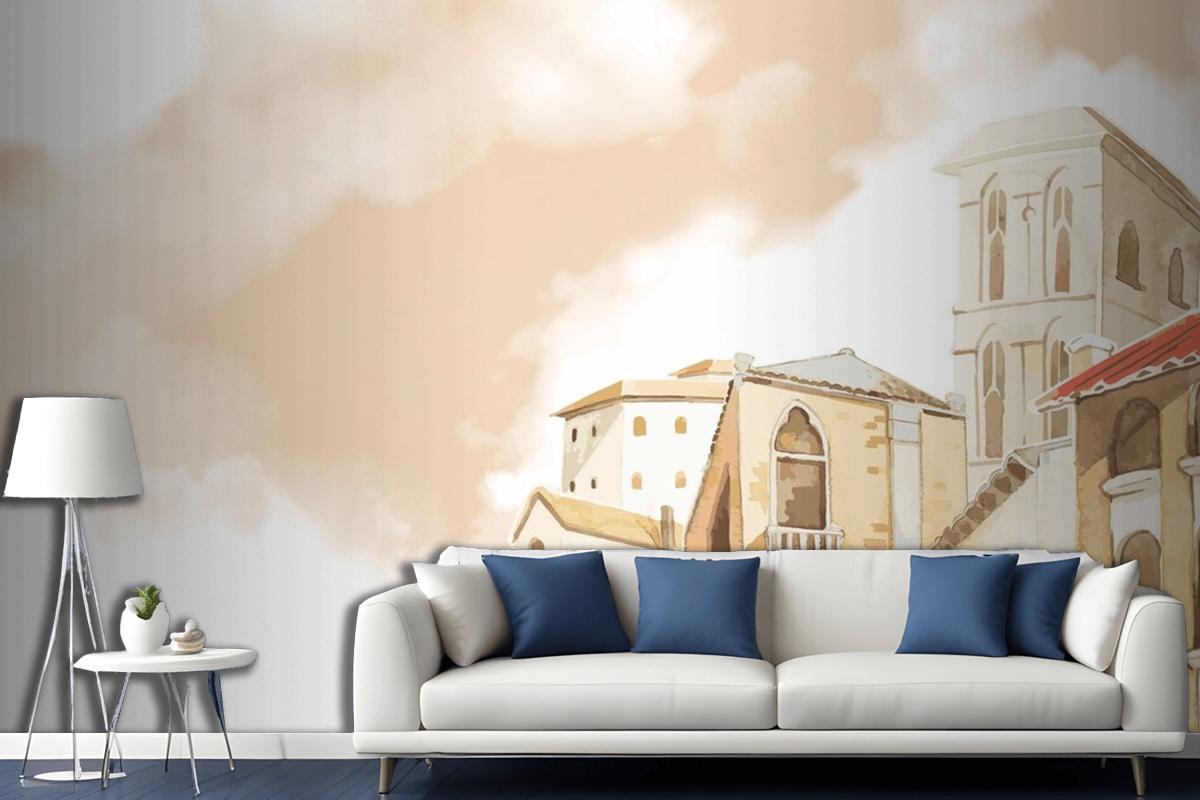 Mediterranean City Building Exterior Water Color Style Living Room Wallpaper Mural