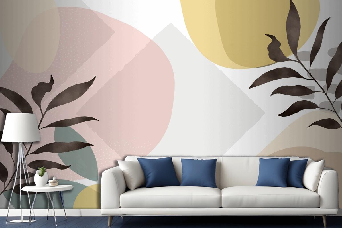 Minimal Hand Drawn Background With Plants Living Room Wallpaper Mural