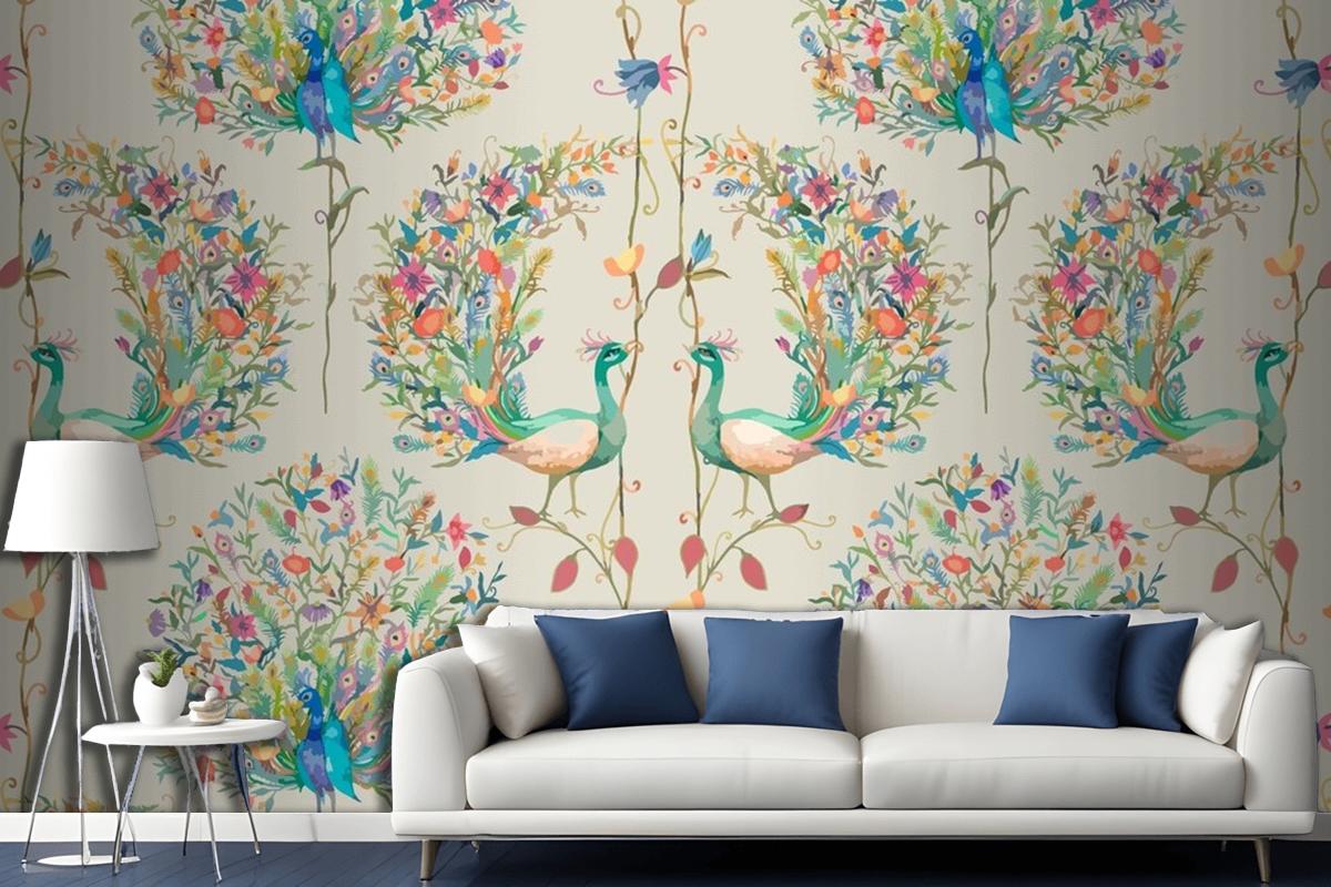 Pattern Background With Watercolor Peacock And Flower Living Room Wallpaper Mural