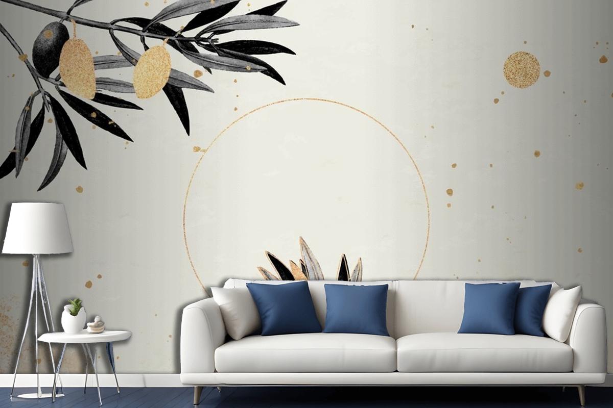 Round Gold Frame With Olive Branches Living Room Wallpaper Mural