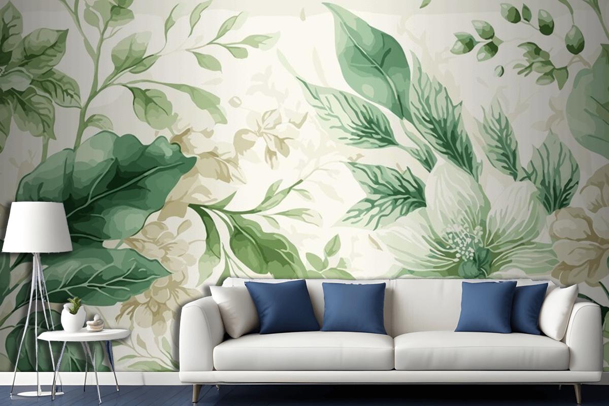 Seamless Watercolor Green And Beige Floral Pattern Living Room Wallpaper Mural