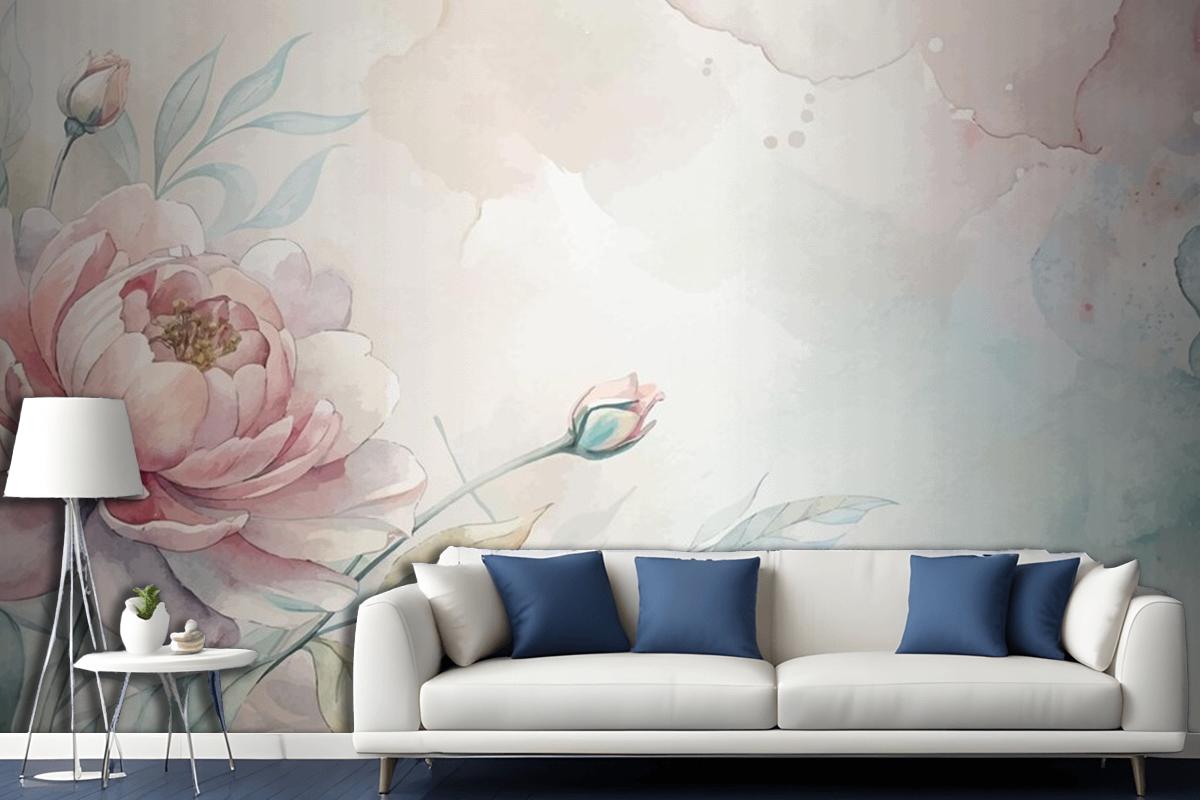 Soft Pastel Floral Watercolor Living Room Wallpaper Mural