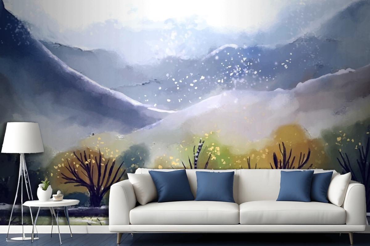 Watercolor Mountain Landscape Living Room Wallpaper Mural