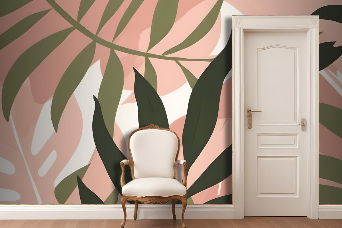 Abstract Tropical Leaves In Shades Of Green And Pink On A Light Wallpaper Mural