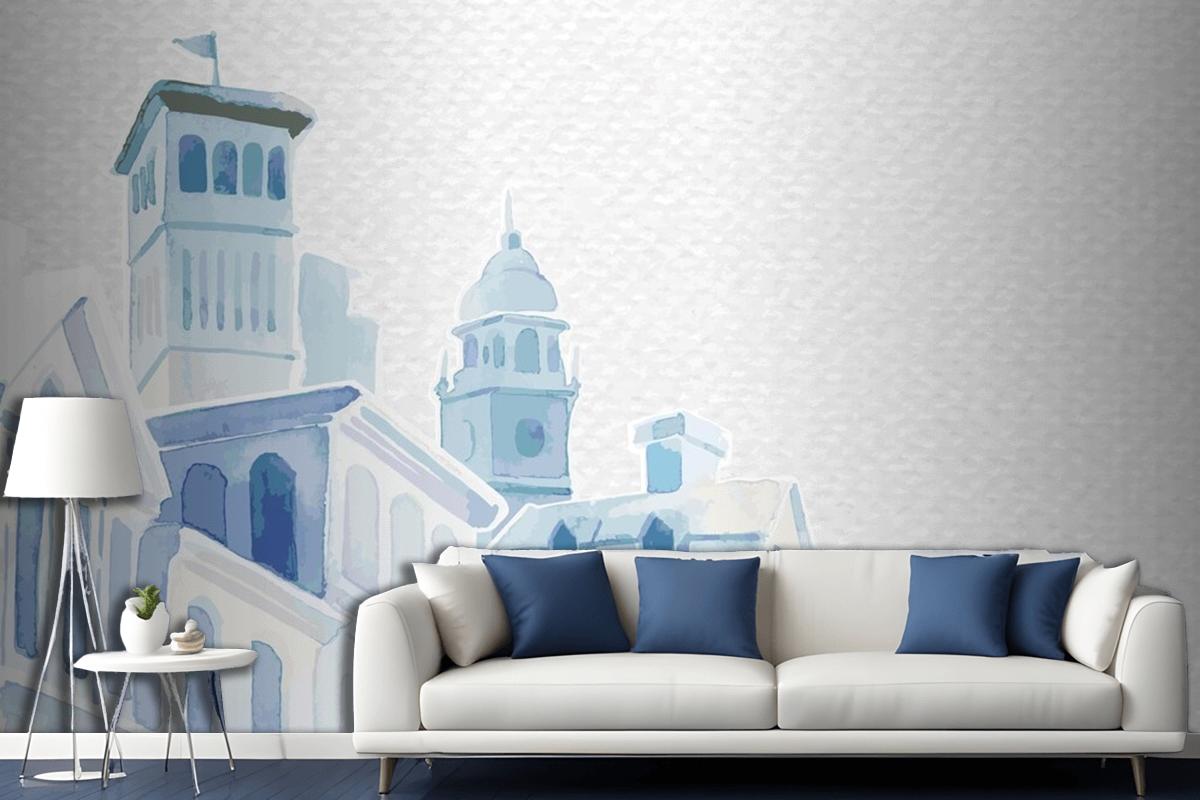 Architectural Mediterranean Buildings In Watercolor On White Paper Textured Living Room Wallpaper Mural