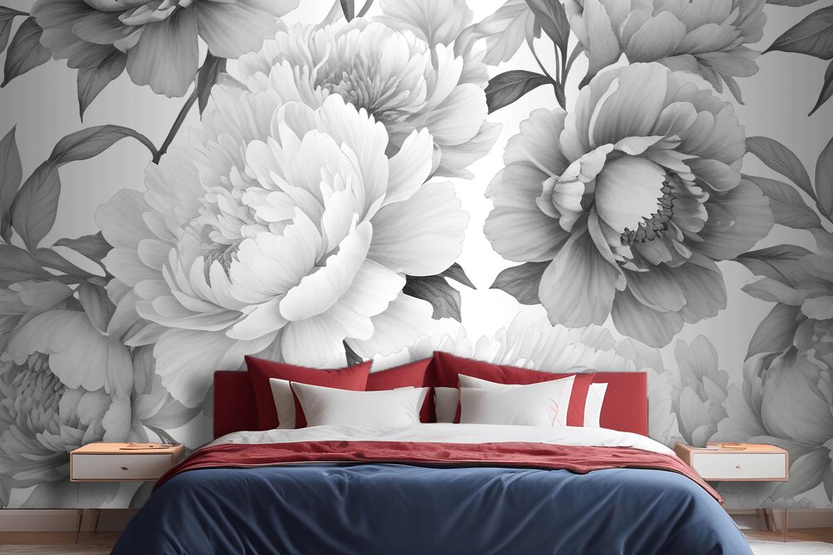 Black And White Floral Pattern With Large Lush Wallpaper Mural