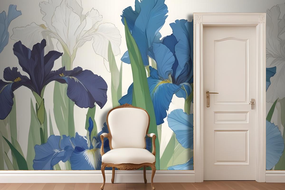 Blue And White Irises With Green Leaves Against A Light Wallpaper Mural