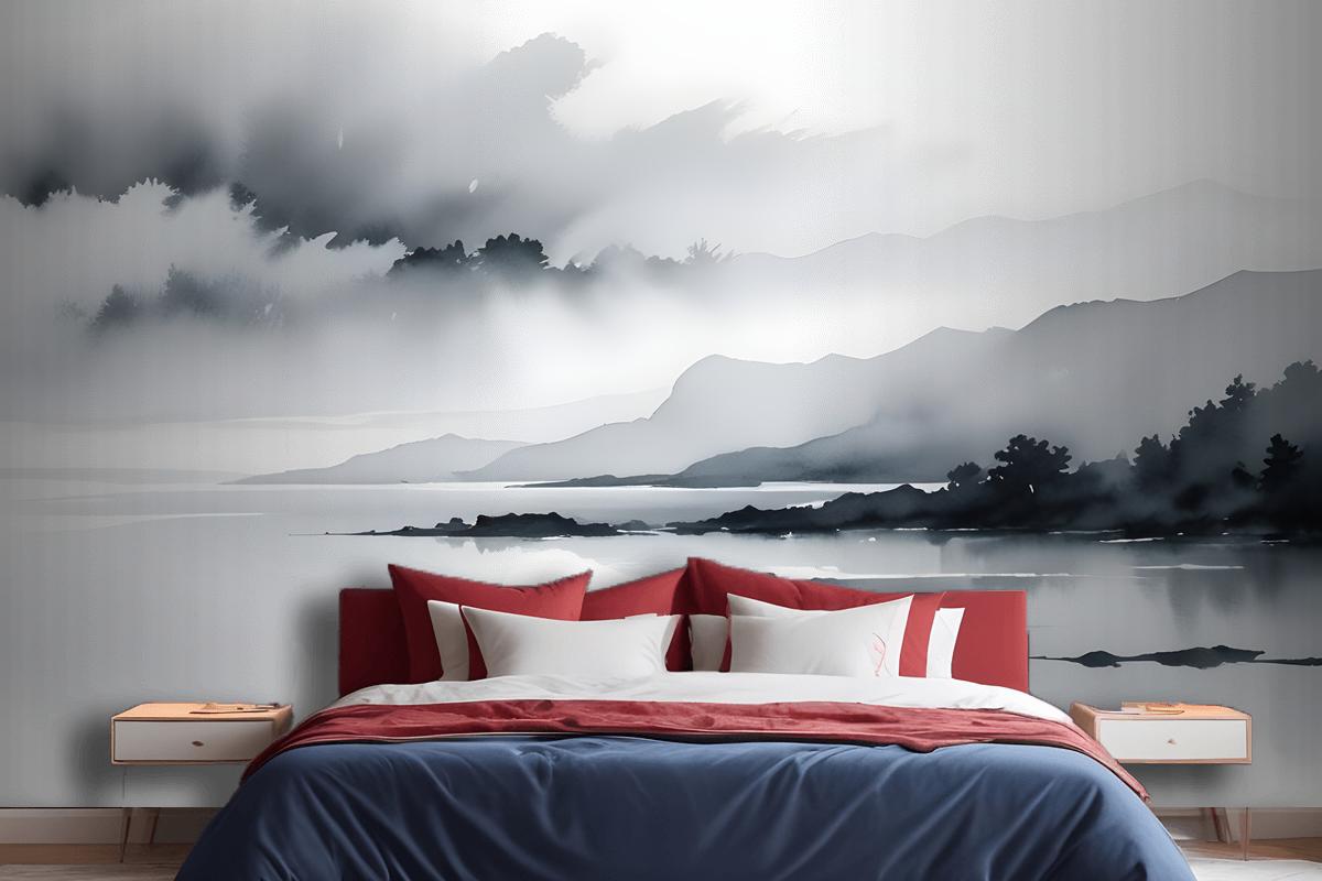 Blue Gray Watercolor Lake Landscape Wallpaper Mural
