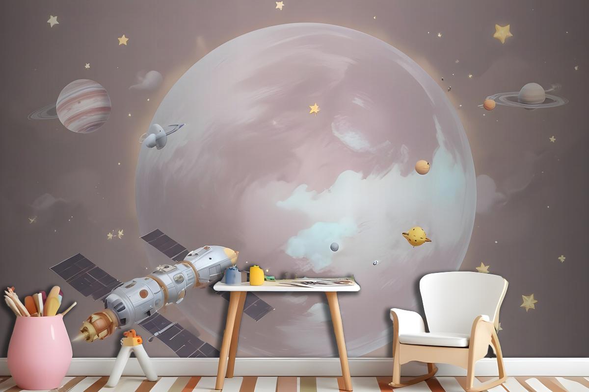 Cartoon Planets And Starry Space Wallpaper Mural