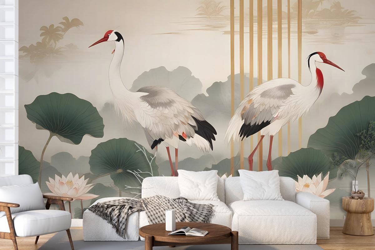 Chinese Crane Birds With Lotus Florals Bedroom Wallpaper Mural