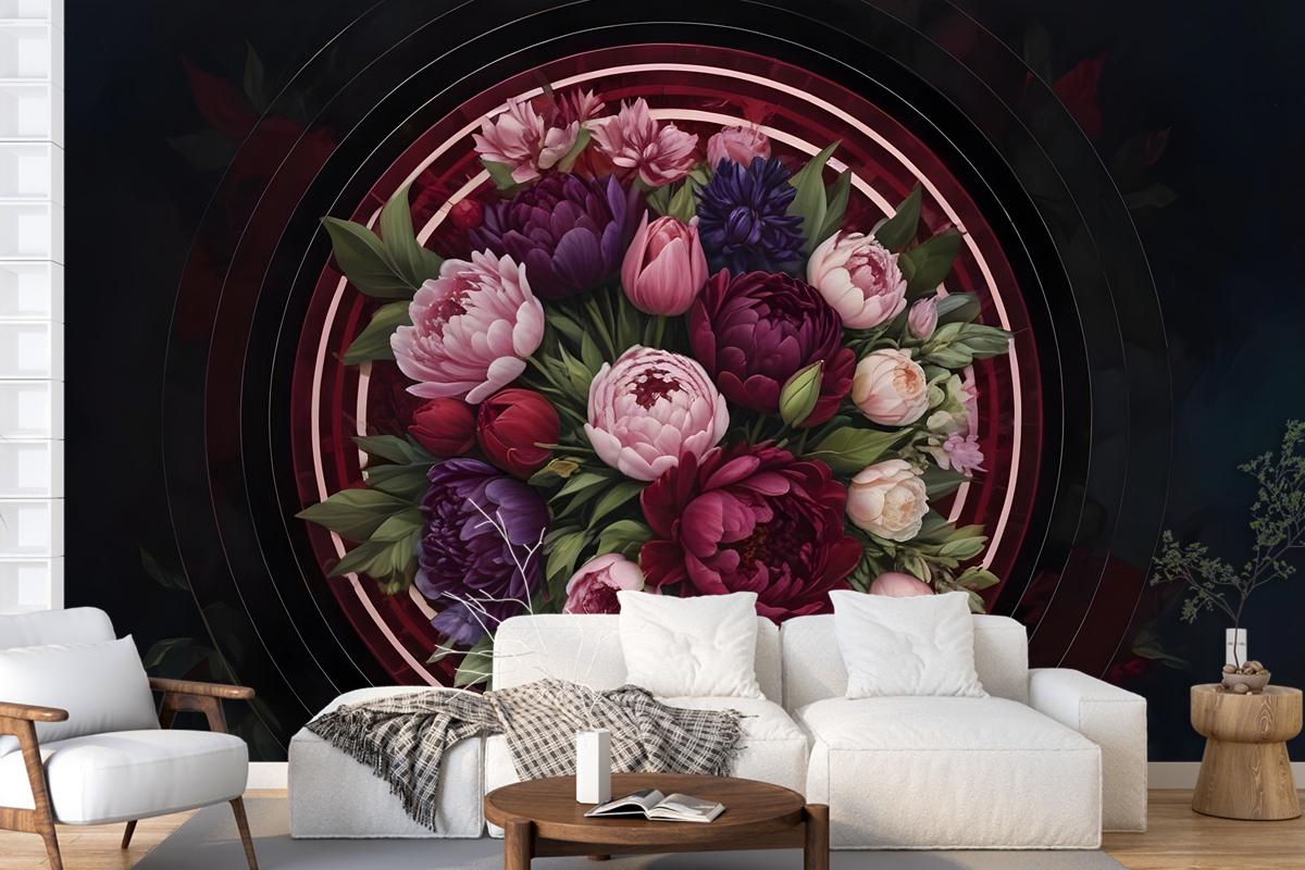 Circle Dark Floral Bedroom Wallpaper Mural