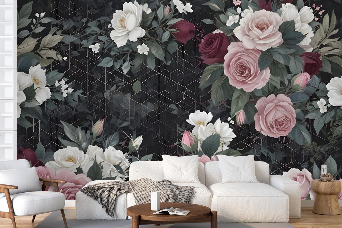 Colorful Floral With Dark Geometric Pattern Bedroom Wallpaper Mural