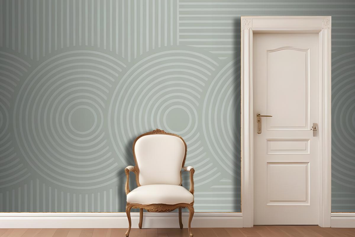 Concentric Circles And Vertical Lines In Green Wallpaper Mural