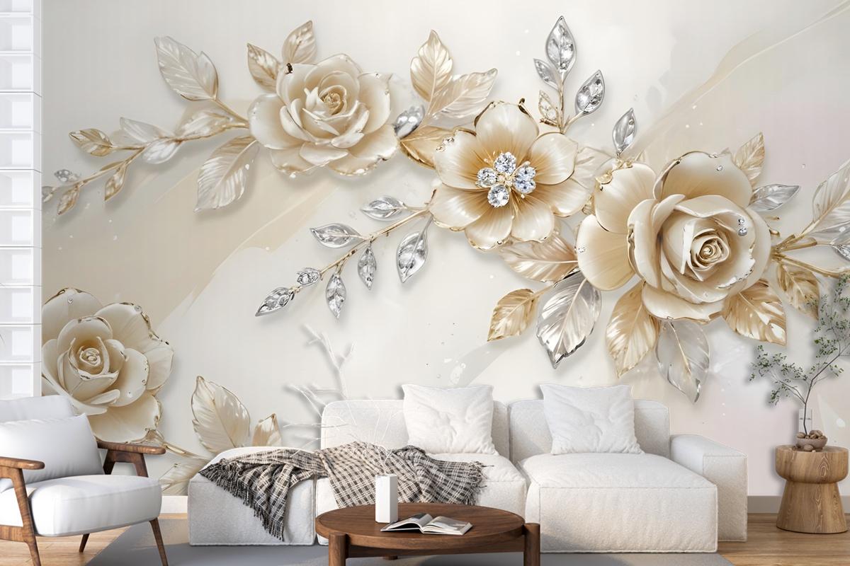Cream Swarovski Rose Floral Bedroom Wallpaper Mural