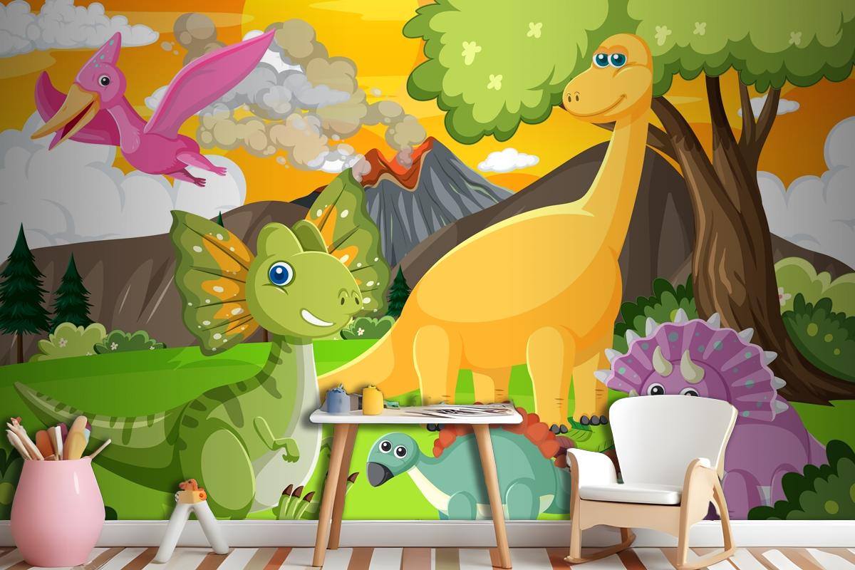 Cute Dinosaur Group In Forest Wallpaper Mural