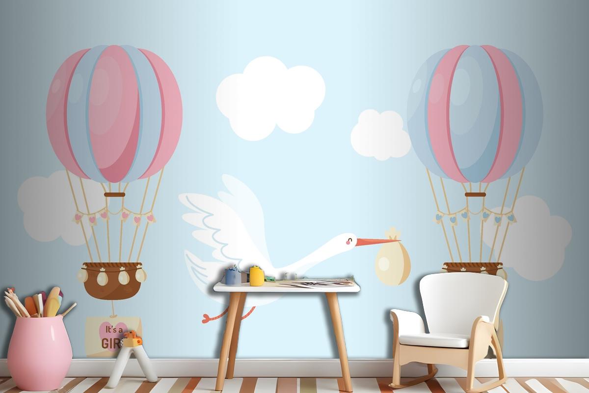 Cute Flat Design Blue Pink Balloon Wallpaper Mural