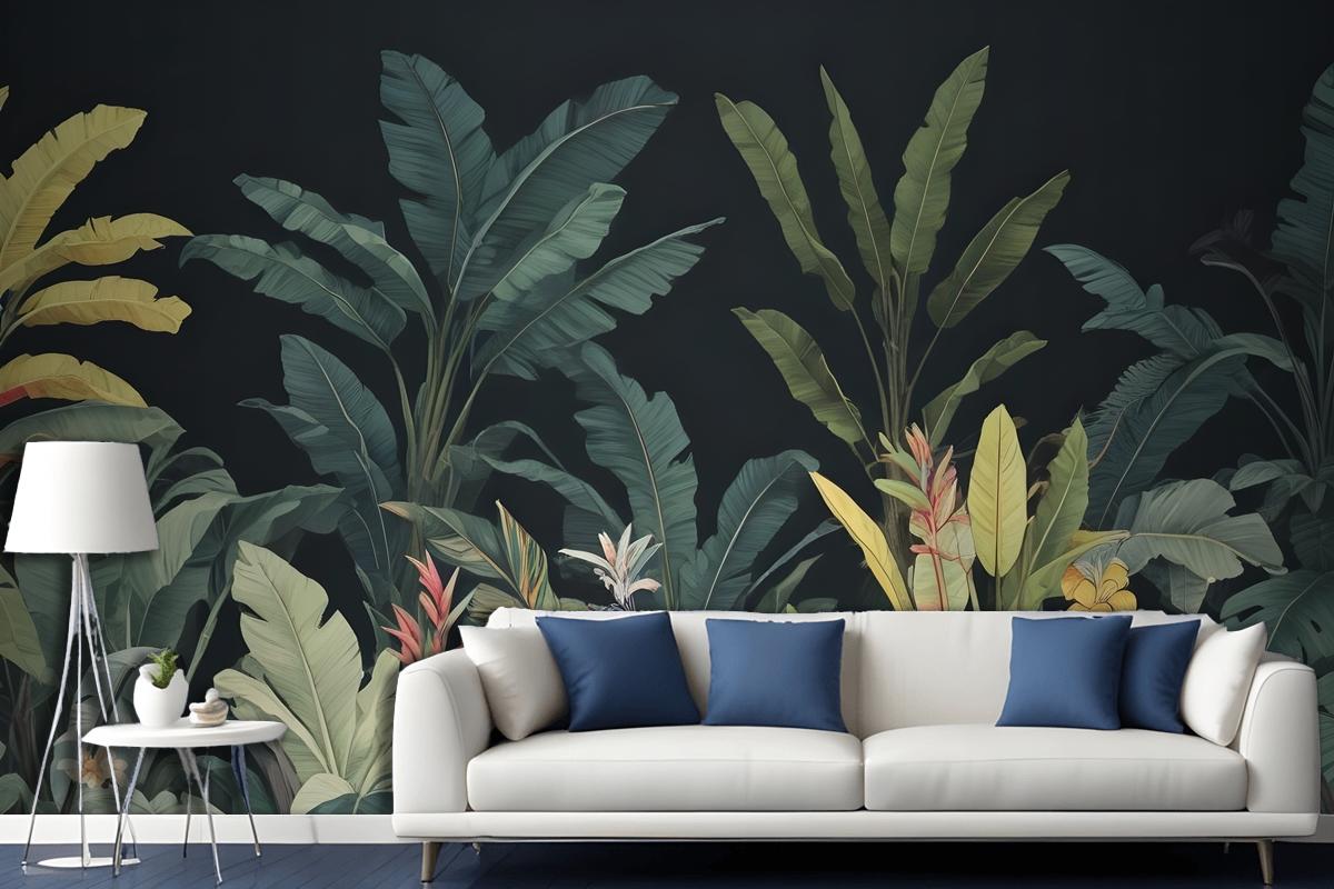 Dark Background Large Green Leaves Banana Plants Colorful Flowers Wallpaper Mural