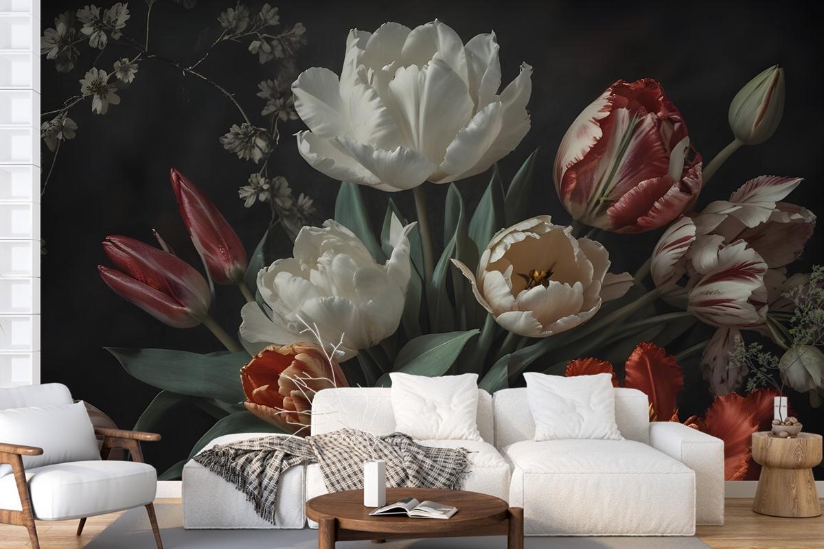 Dark Floral Dutch Bouquet With Tulips Bedroom Wallpaper Mural