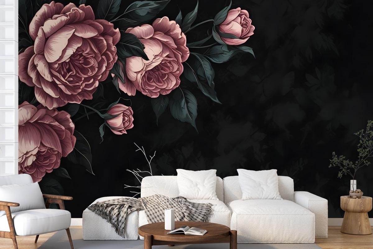 Dark Floral Peony Flower Drawing Bedroom Wallpaper Mural