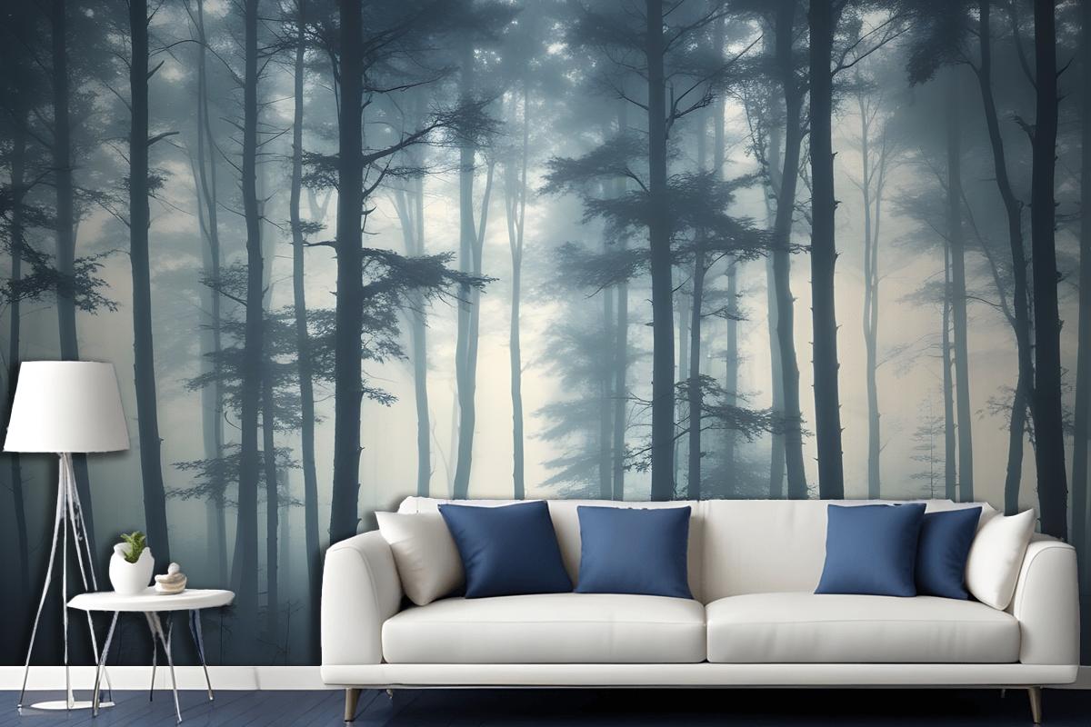Dense Misty Forest With Tall Slender Trees And A Foggy Atmosphere Wallpaper Mural