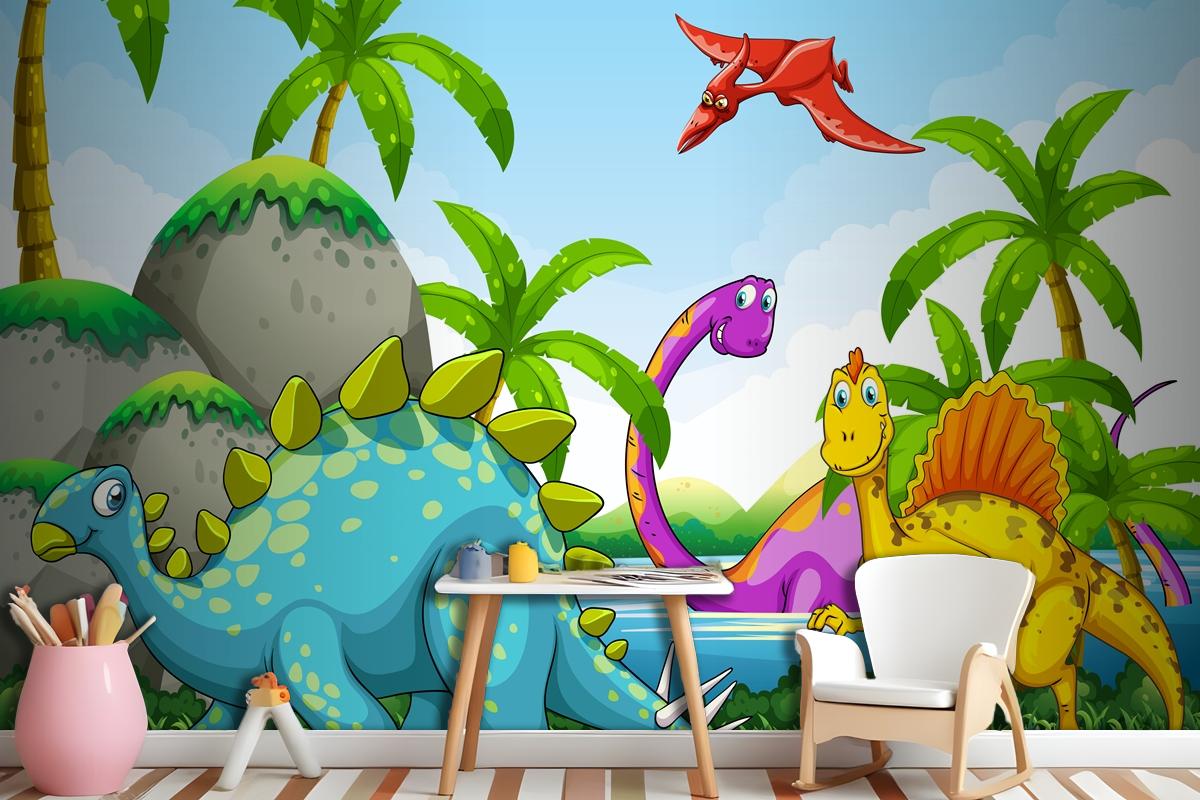 Dinosaurs Living In The Jungle Wallpaper Mural
