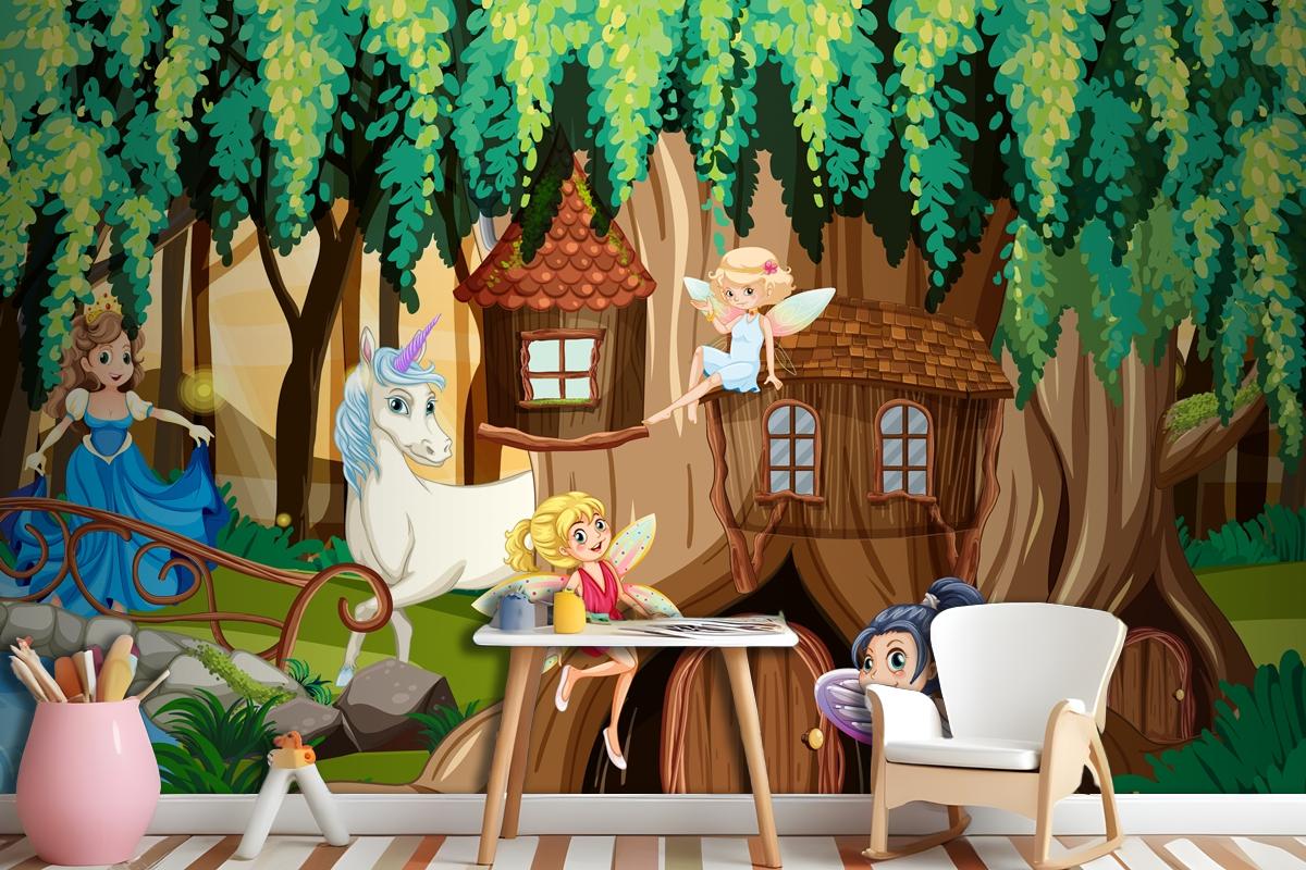 Fantasy Forest With Fairies And Unicorn Wallpaper Mural