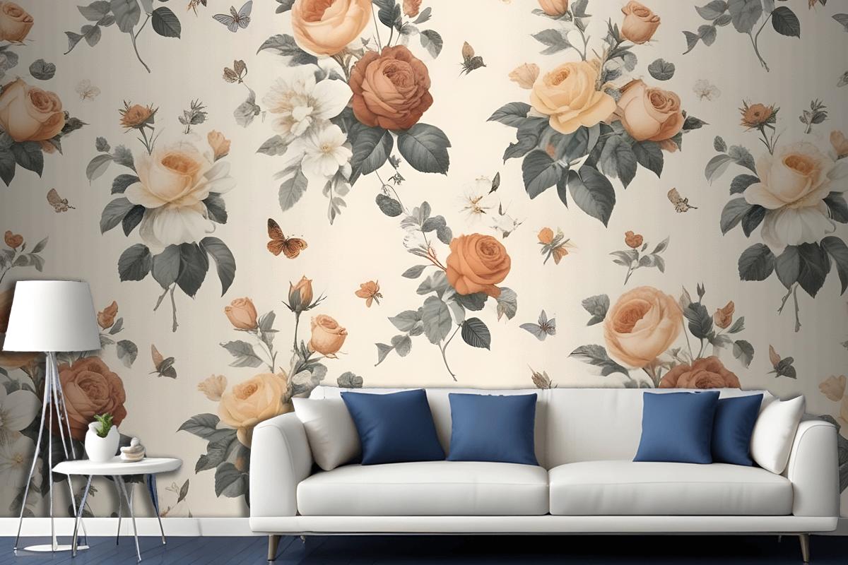 Floral Pattern With Various Types Of Roses Wallpaper Mural