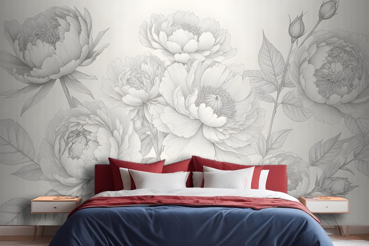 Gray Large Illustrated Roses Wallpaper Mural