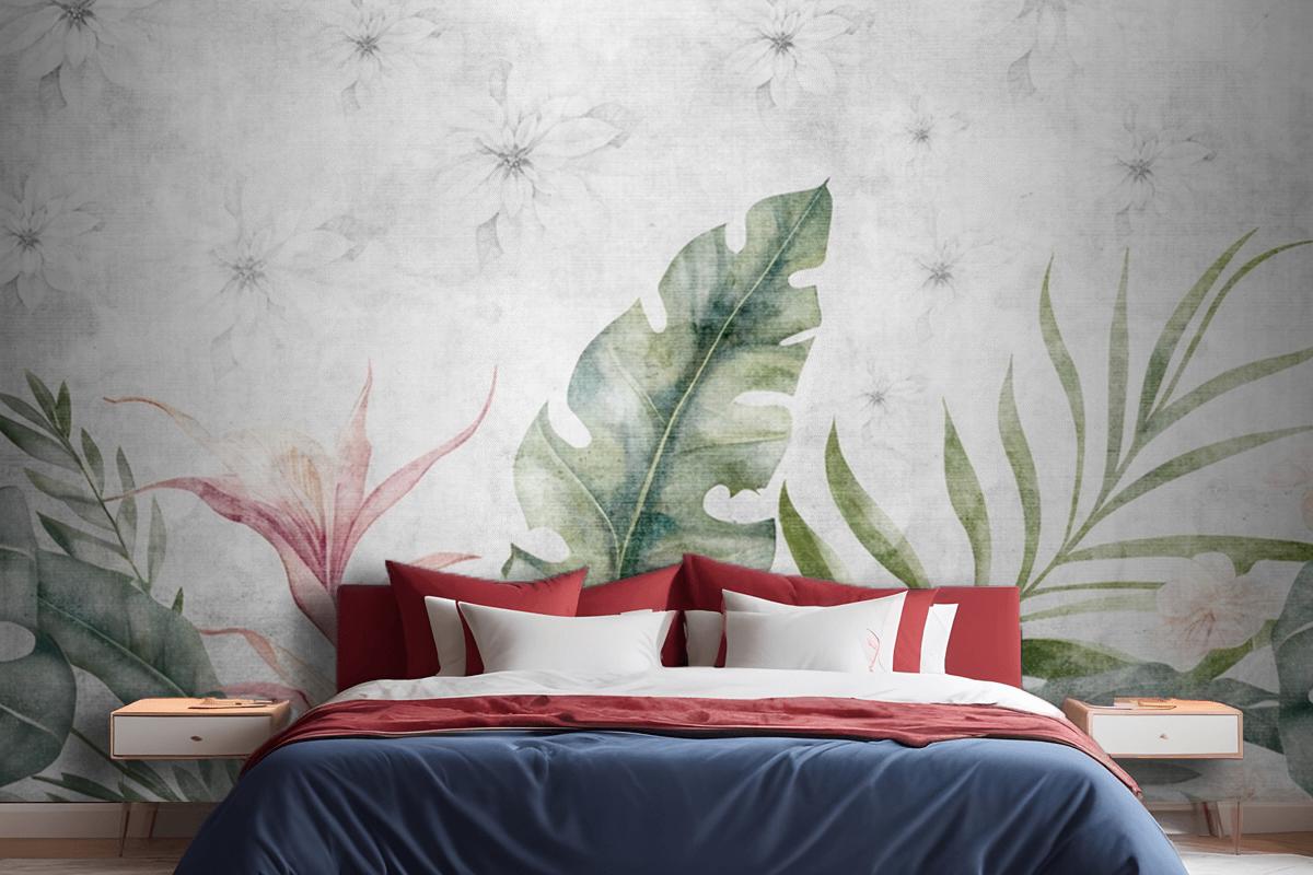 Green Branches Tree Leaves On Drawing Gray Bedroom Wallpaper Mural
