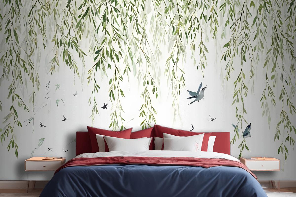 Green Hanging Leaves With Colorful Birds Wallpaper Mural