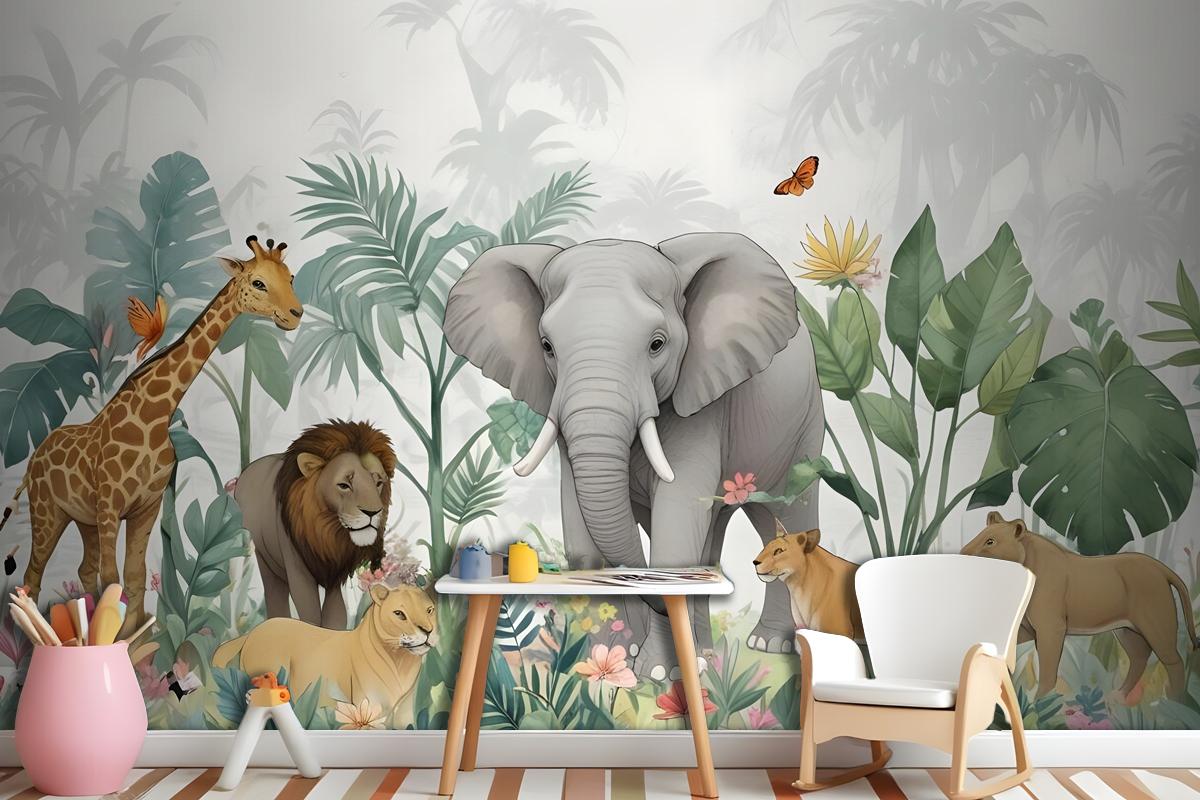 Kids Tropical Safari Animals With Green Leafs Wallpaper Mural