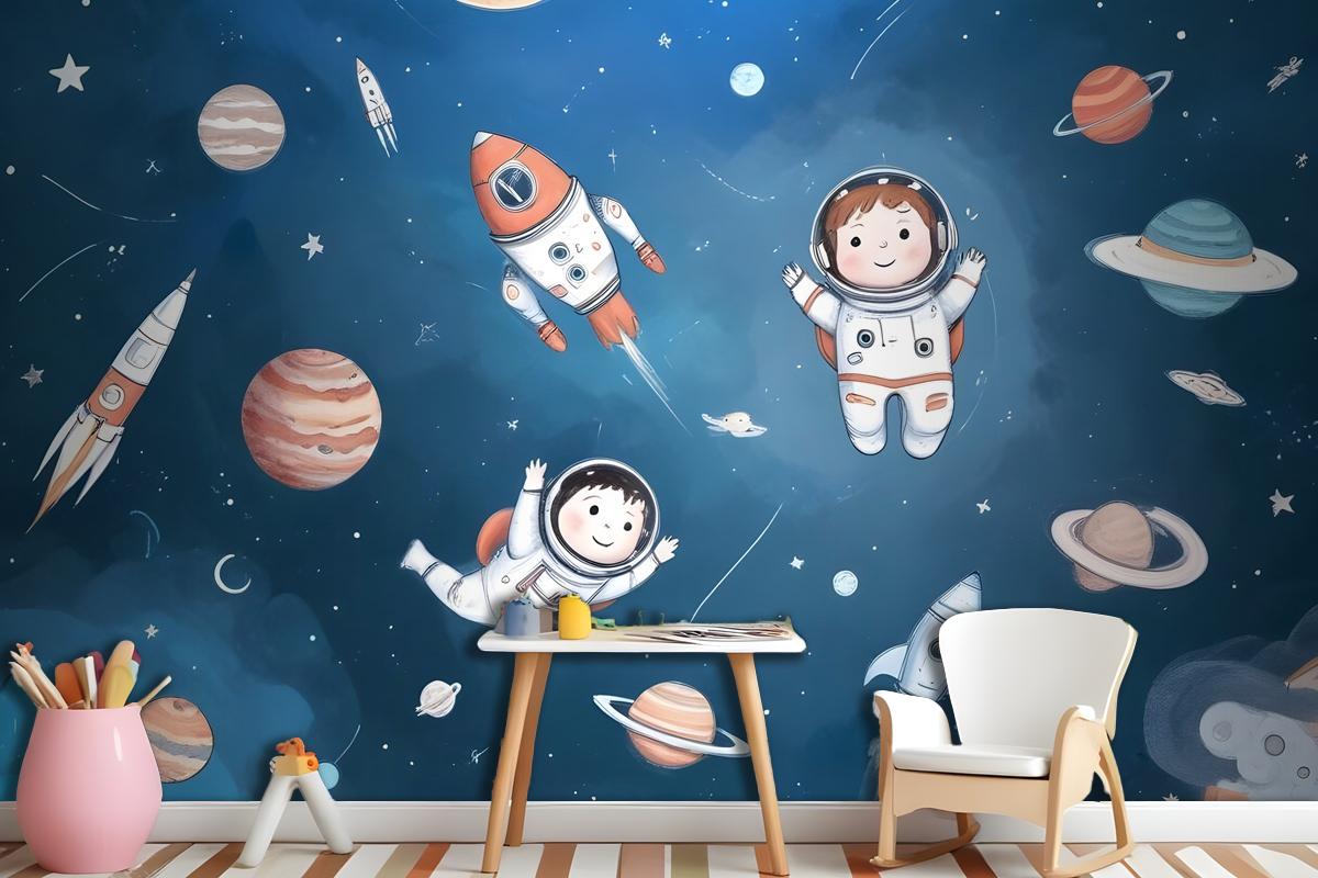 Kids Watercolor Space With Planets Wallpaper Mural