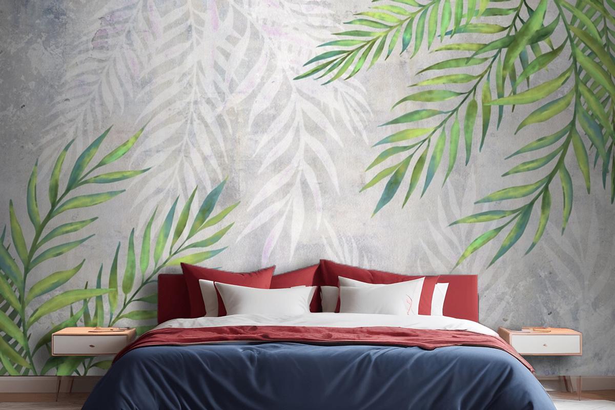 Leaves In The Corners On A Light Textured Bedroom Wallpaper Mural