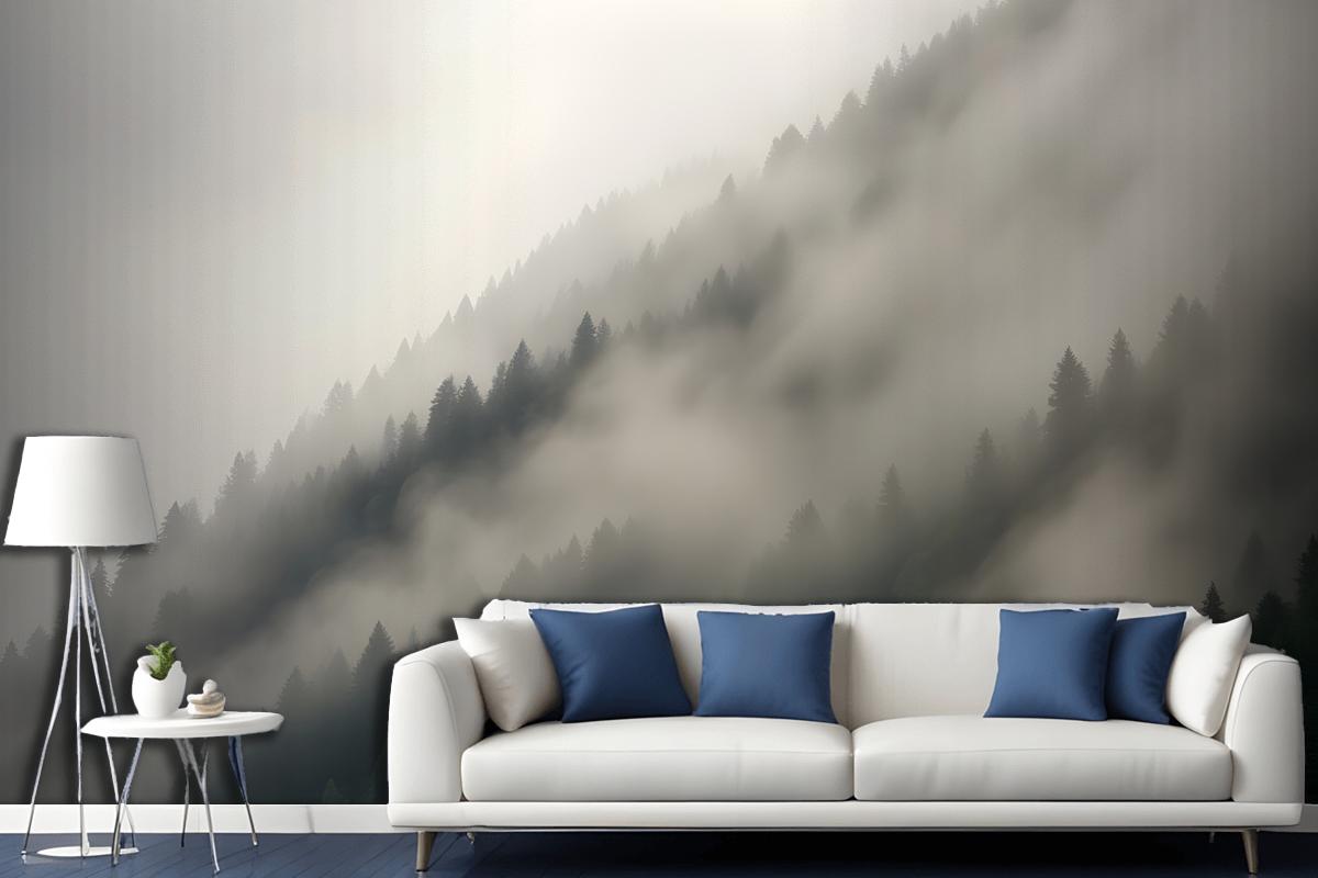 Misty Mountain Landscape With Dense Fog Covering The Forested Slopes Wallpaper Mural